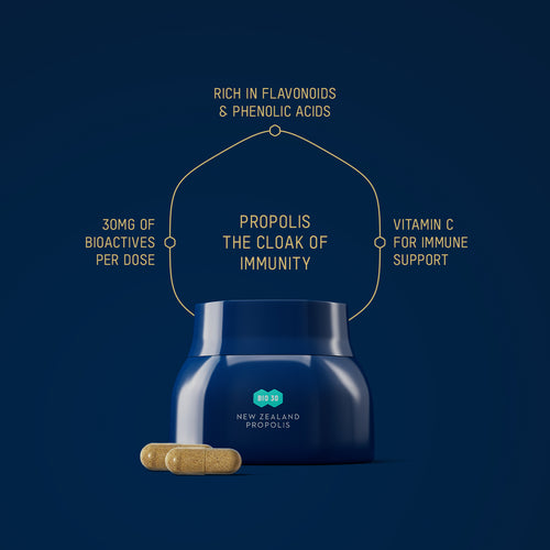 Manuka Health Propolis Capsules. Rich in flavonoids and phenolic acids. 30mg of bioactives per does. Immune support.