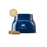 Blue container labeled 'New Zealand Propolis' with two capsules on a green background