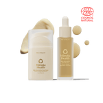 Manuka Health skincare products on a green background with COSMOS Natural logo.