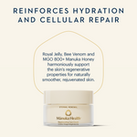 Manuka Health Eternal Renewal cream jar with text about hydration and cellular repair on a white background