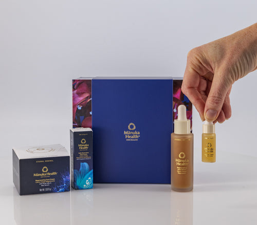 Manuka Health Manuka Honey Skincare Discovery Kit. Skincare products including a face cream, face serum and eye serum.