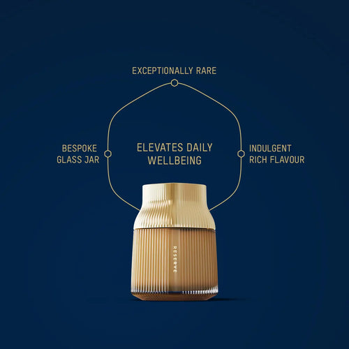 Manuka Health Manuka Honey Reserve MGO 1000+Gold glass jar with text on a dark blue background. 