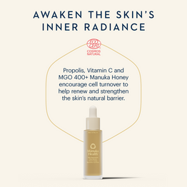 Manuka Health skincare product with text about skin care benefits on a light beige background