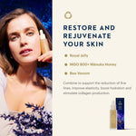 A skincare ad featuring a woman holding a golden serum bottle against a dark blue textured background on the left, and product information on the right. The right side includes text reading 'RESTORE AND REJUVENATE YOUR SKIN' with ingredients Royal Jelly, MGO 800+ Mánuka Honey, and Bee Venom, plus a small product bottle and box at the bottom right.