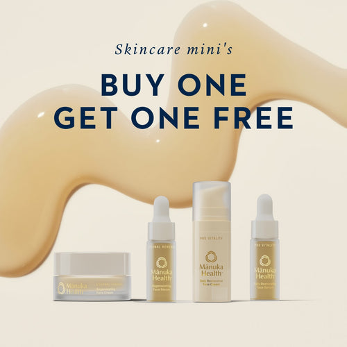 Skincare mini kits with 'Buy One Get One Free' text on a beige background