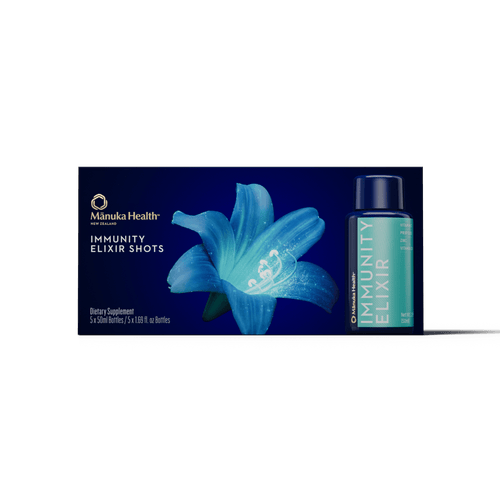Manuka Health Immunity Elixir Shots packaging with a blue flower on a white background.
