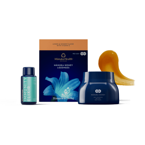 Manuka Health honey lozenges, jar, and bottle on a green background