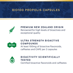 Promotional graphic for BIO100 Propolis Capsules with three key selling points: premium New Zealand origin, ultra strength bioactive compounds (100mg per 2 capsules), and bioactivity scientific testing. Features a dark blue patterned header and a white background with green and dark blue icons.