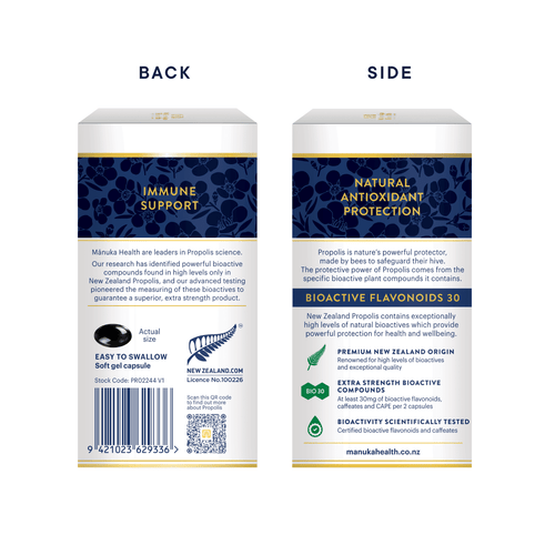 Back and side views of a Manuka Health Immune Support supplement box, showing product details, branding, and text on a white background.