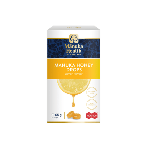 Manuka Health Mánuka Honey Drops packaging on a green background