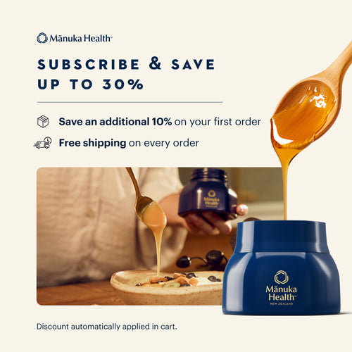 Manuka Health honey jar with spoonful of honey and promotional text on a white background