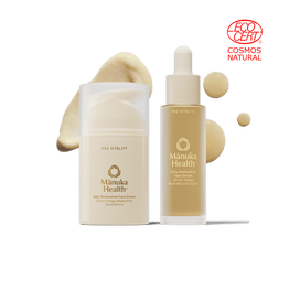 Manuka Health skincare products on a green background with COSMOS Natural logo.