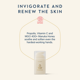 Skincare product with text about ingredients and benefits on a white background