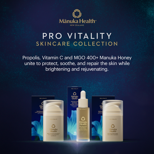 Manuka Health Pro Vitality skincare collection on a dark blue background