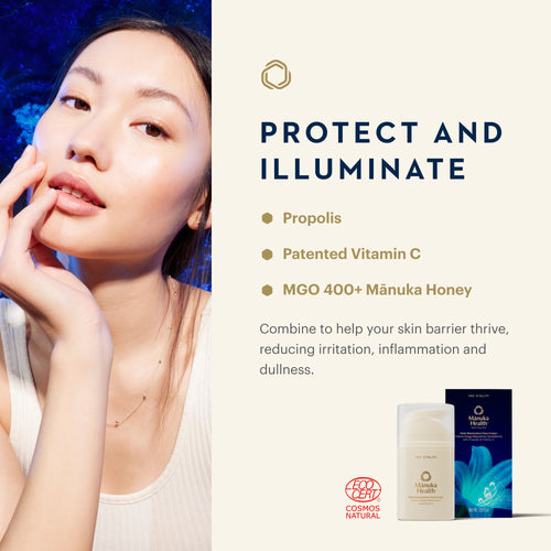 A skincare promotional graphic with a woman touching her face on the left and product information on the right. The text reads 'PROTECT AND ILLUMINATE' with ingredients Propolis, Vitamin C, and MGO 400+ Mánuka Honey.