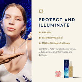 Promotional skincare graphic with a woman holding a dropper beside text reading 'PROTECT AND ILLUMINATE' and product bottles shown at the bottom right. The design includes a cream background, dark blue accents, and a visible COSMESE NATURAL seal.