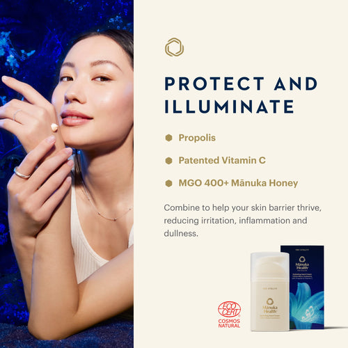 Cosmos Natural Protect and Illuminate skin cream advertisement featuring a woman touching her face on the left, product packaging on the right, and key ingredients listed on a cream-colored background.